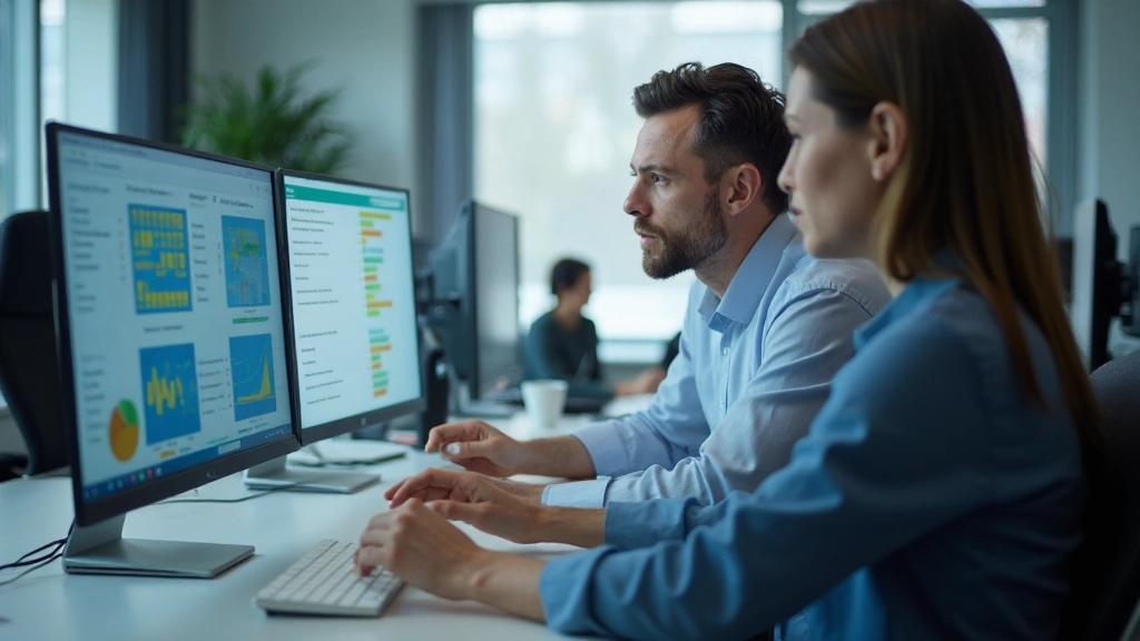 Professionele analysten die gegevens onderzoeken op een modern bureau met meerdere schermen