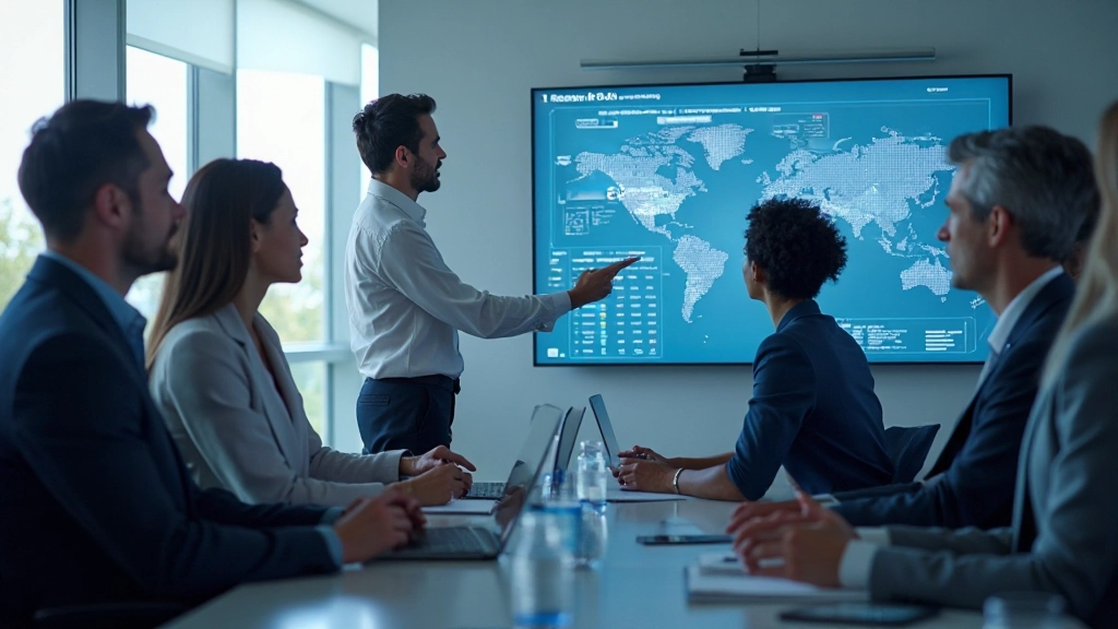 Team van professionele zakenmensen in een vergadering met data-visualisaties op interactieve schermen