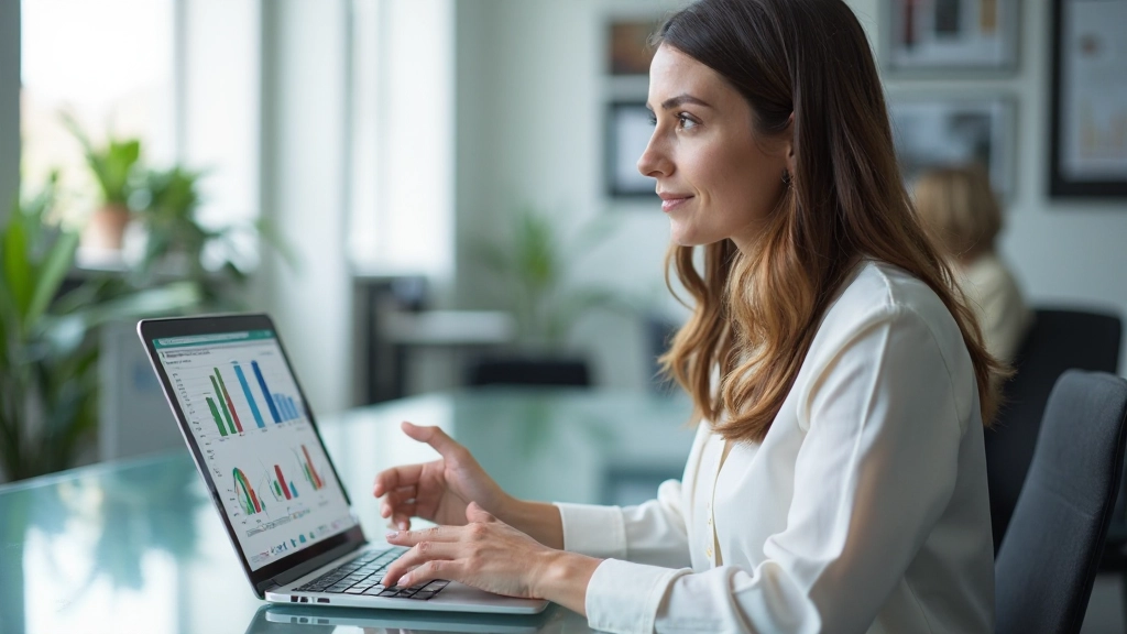 Professionele vrouw analyseert gegevens op computerscherm met spreadsheet