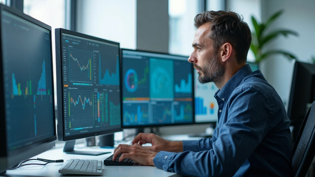 Professionele analist werkt met datavisualisatie op modern bureau met meerdere monitoren