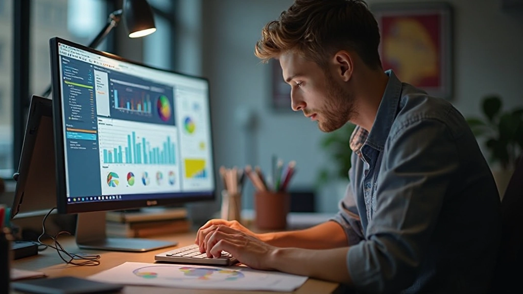 Designer die aan datavisualisatie werkt met kleurenpalet en grafische ontwerpen op scherm