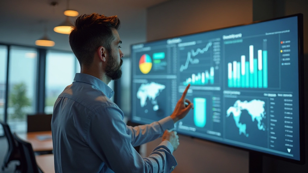 Business professional presenting analytics dashboard with charts and graphs
