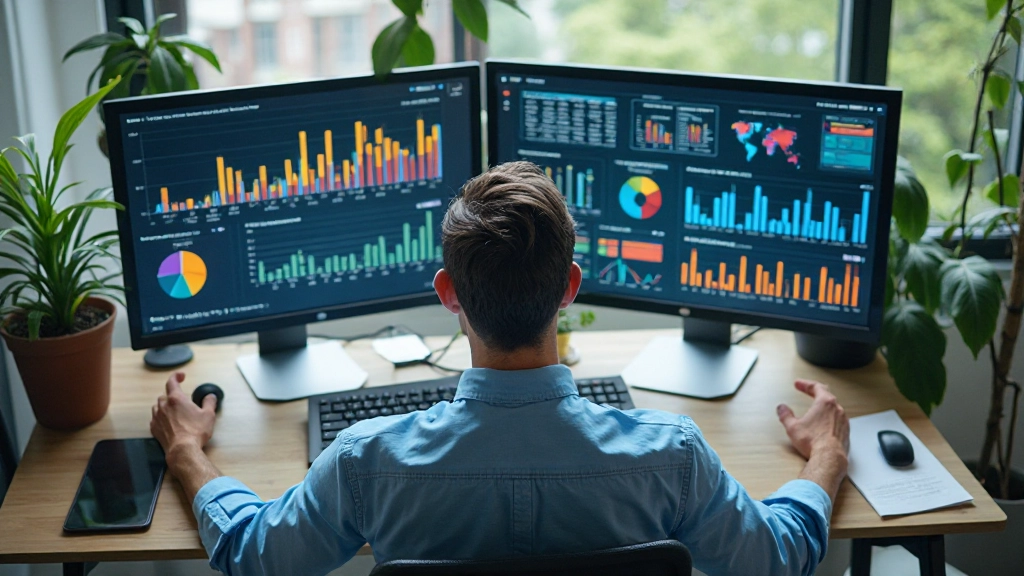 Professionele workspace met meerdere schermen met dataanalysegrafieken