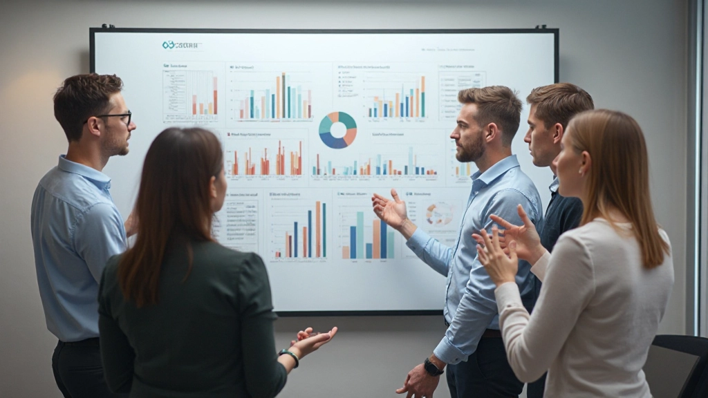 Teambijeenkomst met analisten die resultaten bespreken aan whiteboard met grafieken en gegevens