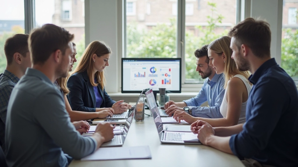 Team collaborating on data analysis project using computers in modern office