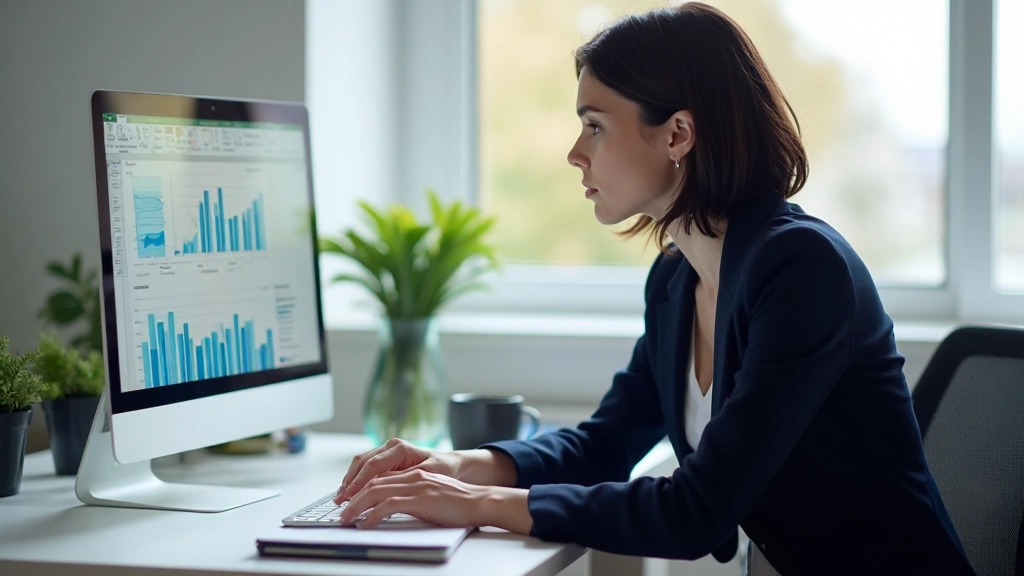 Professionele vrouw analyseert spreadsheetgegevens op computerscherm